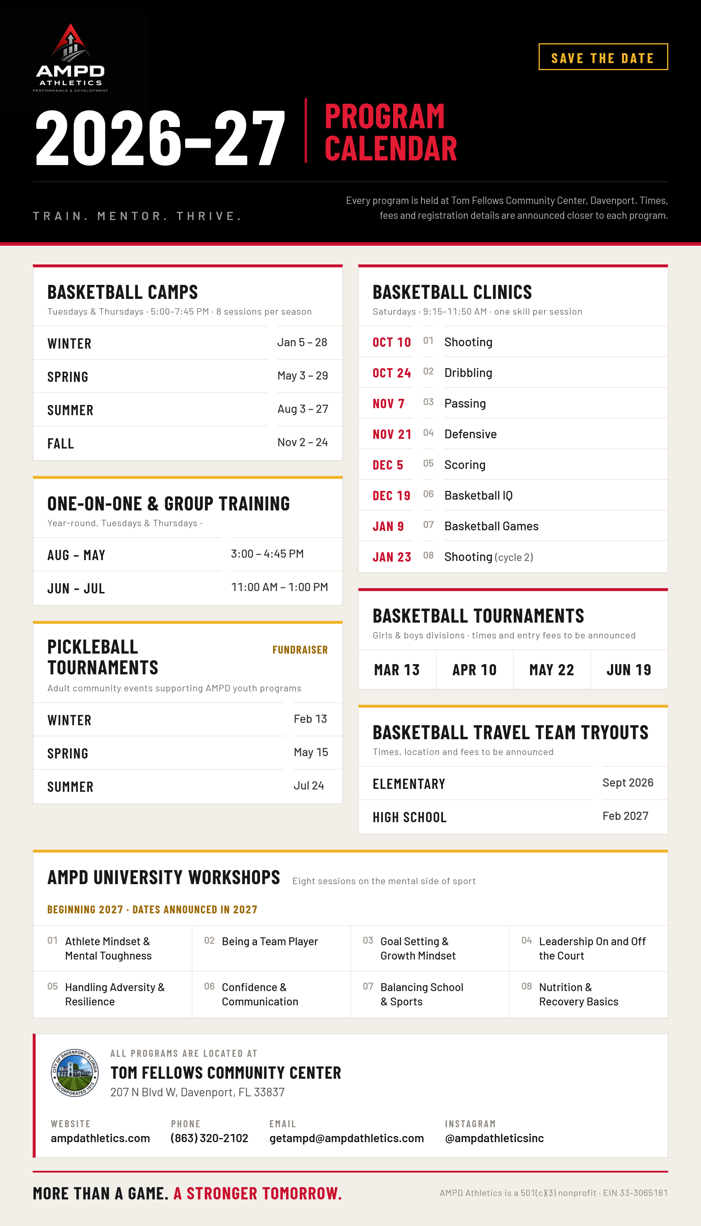 AMPD Athletics 2026-27 Program Calendar — camps, clinics, pickleball tournaments, basketball tournaments, travel team tryouts, and workshops