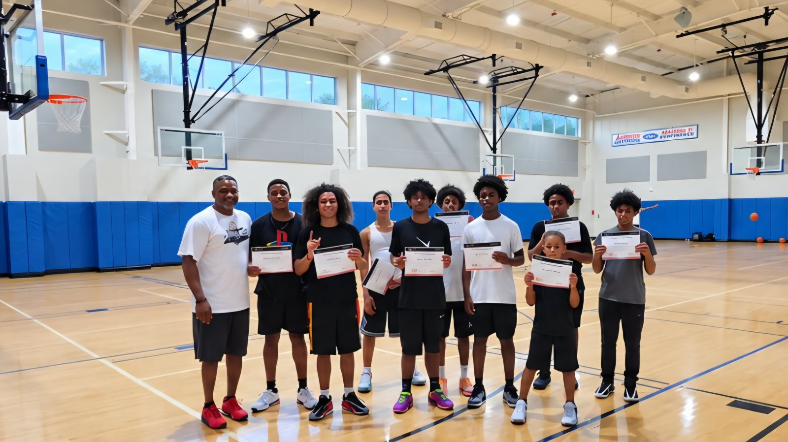 Advanced Middle School and High School campers celebrating with their AMPD Basketball Camp completion certificates