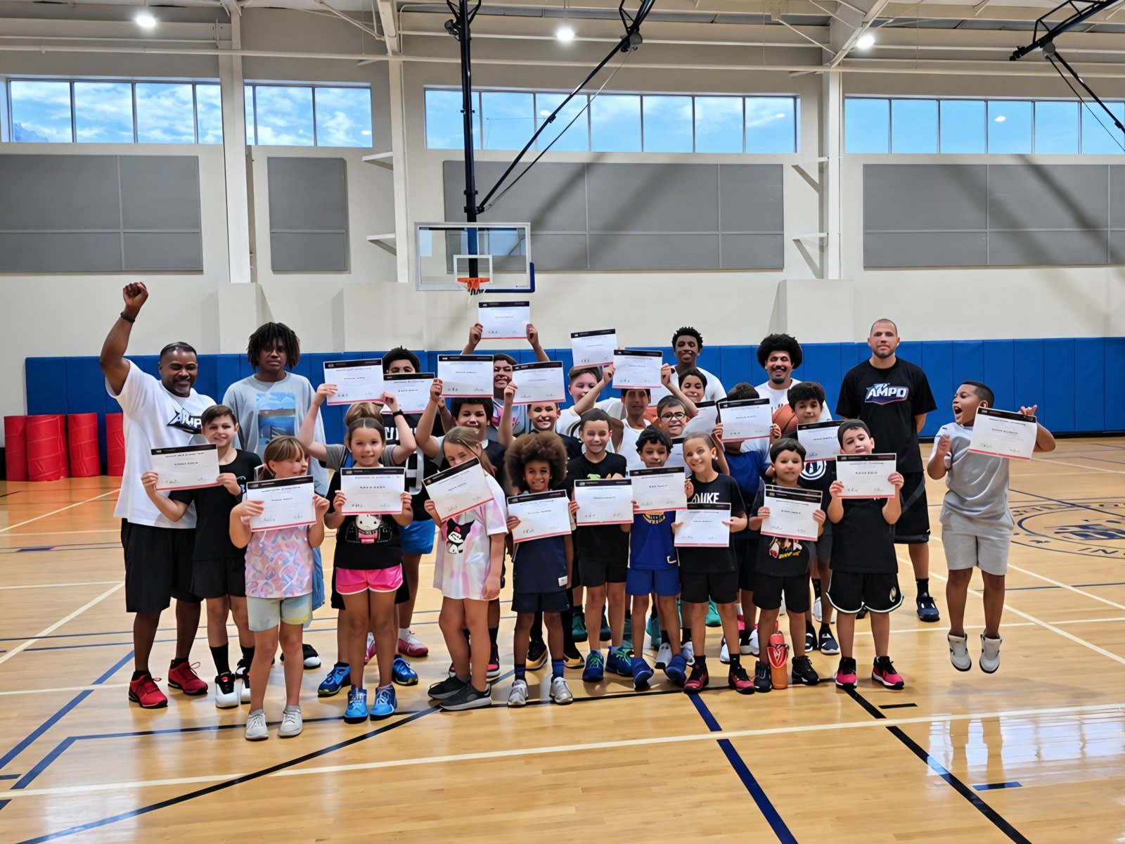 Elementary and Middle School campers celebrating with their AMPD Basketball Camp completion certificates